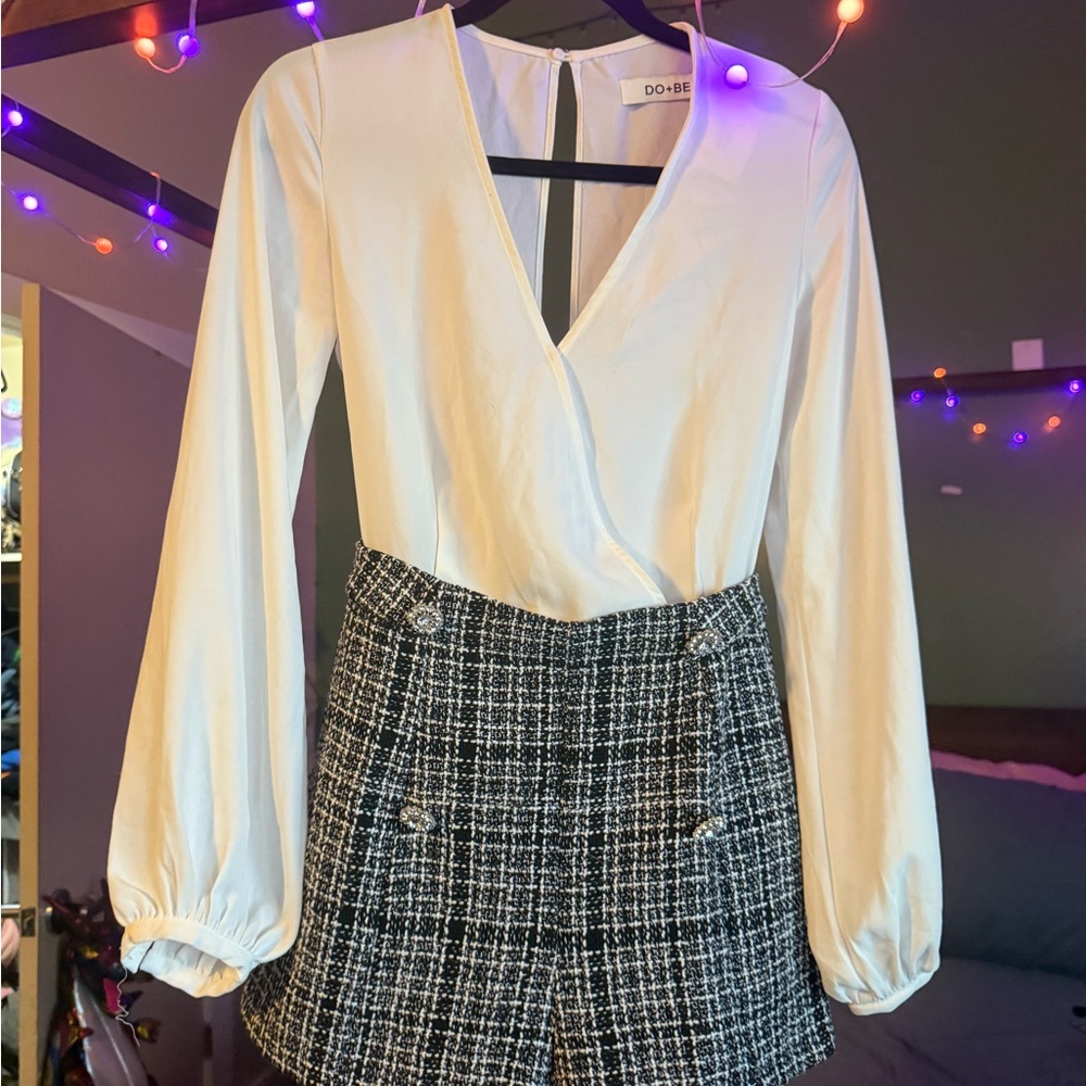 DO+BE Ivory Blouse with Black Tweed Shorts